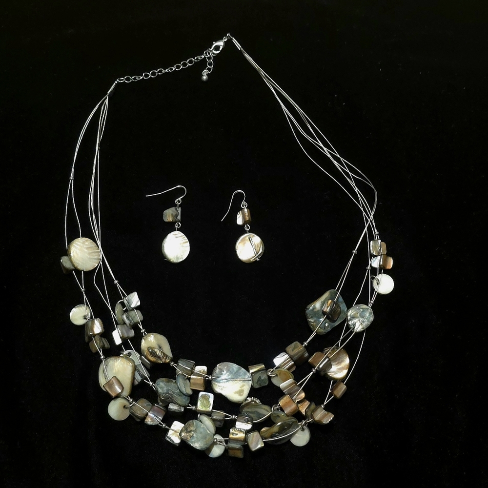 Multi Strand Abalone and Mother of Pearl Necklace Set Matching Dangle Earrings